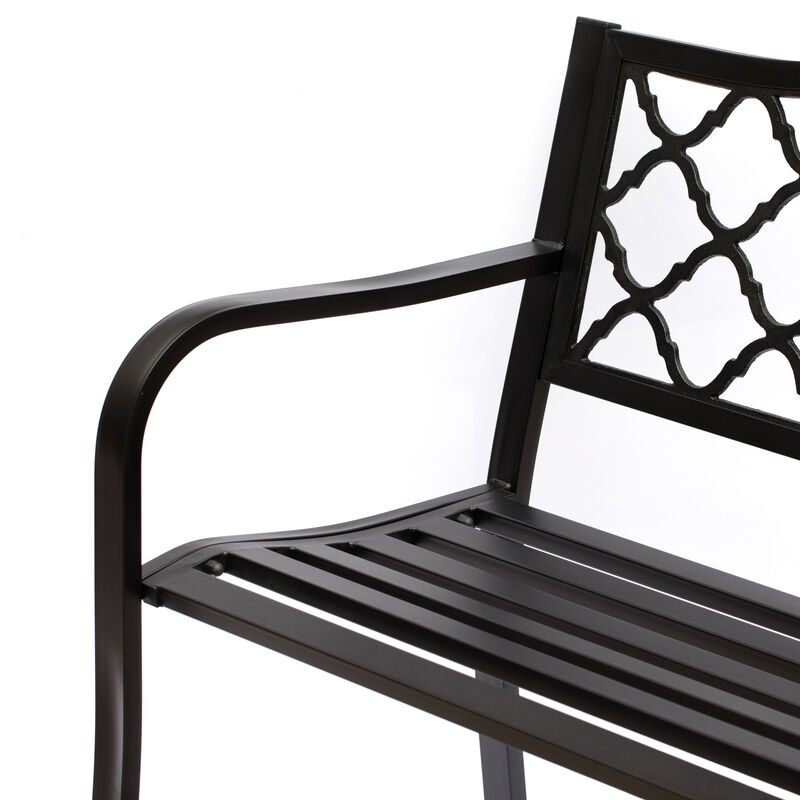 Gardenised Outdoor Garden Patio Steel Park Bench Lawn Decor with Cast Iron Back, Black Seating bench for Yard, Patio, Garden and Deck