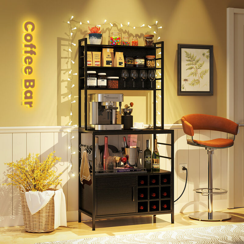 Coffee Bar Cabinet with S-Shaped Hooks and Wine Bottle Holders