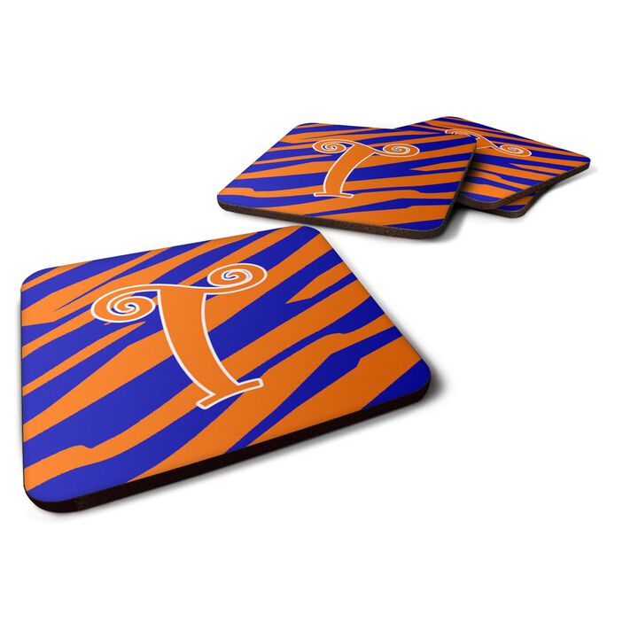 Caroline's Treasures CJ1036-TFC Monogram-Tiger Stripe Blue and Orange Foam Coasters (Set of 4), Initial Letter T, 3.5 H x 3.5 W, Multicolor