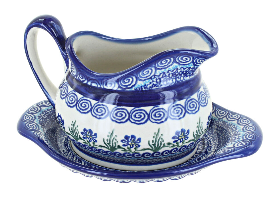 Blue Rose Polish Pottery Garden Butterfly Gravy Boat & Plate