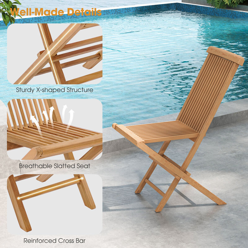 Set of 2 Teak Patio Folding Chairs with High Back and Slatted Seat