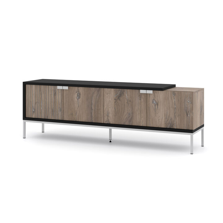 TV Stand TOLEDO 75.08 in 4D Black matt - Flagstaff Oak - Silver Frame