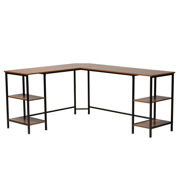 Baxton Studio Lydia Walnut Brown Finished and Black Metal L-Shaped Corner Desk with Shelves