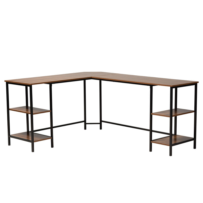 Baxton Studio Lydia Walnut Brown Finished and Black Metal L-Shaped Corner Desk with Shelves
