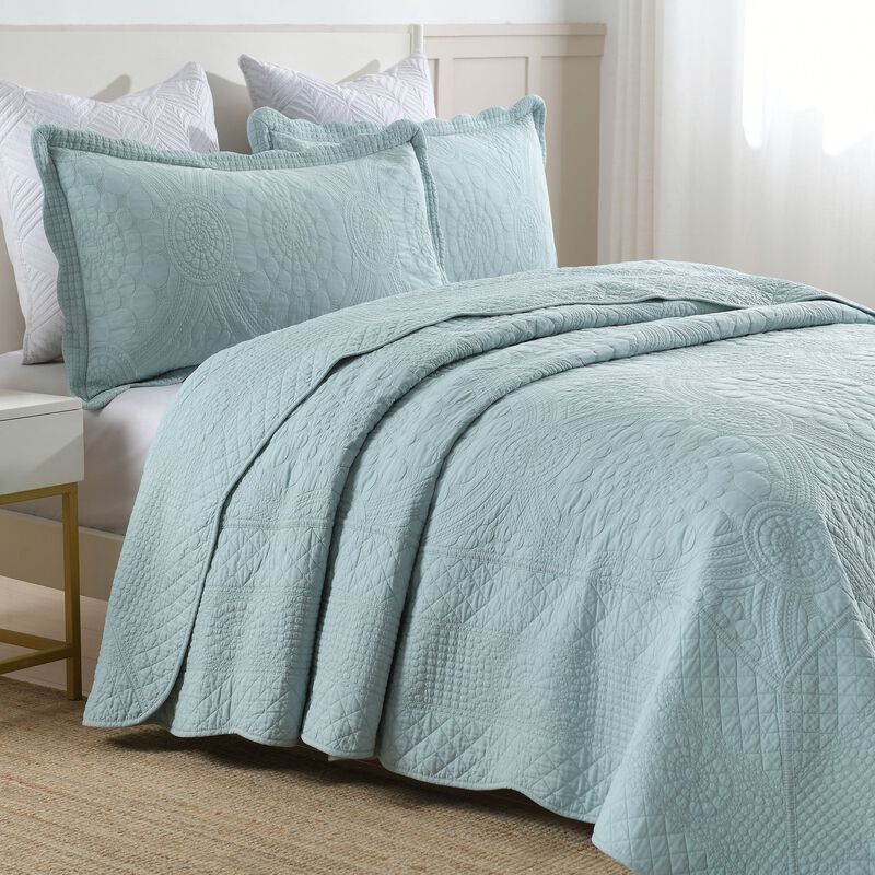 MarCielo 3 PCS 100% Cotton Oversized Bedspread Quilt Set Embroidery TF