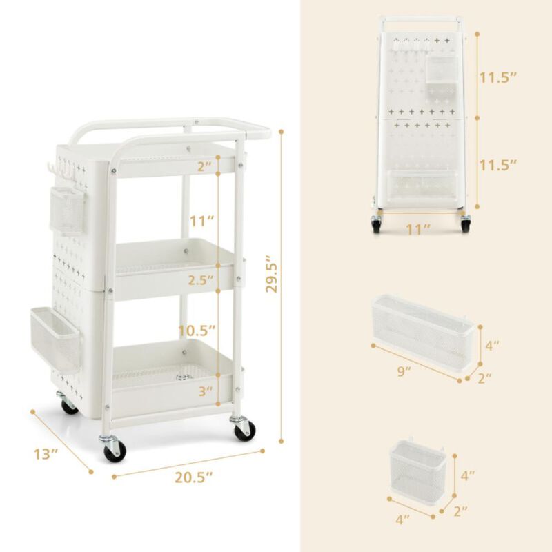 Hivvago 3-Tier Utility Storage Cart with DIY Pegboard Baskets
