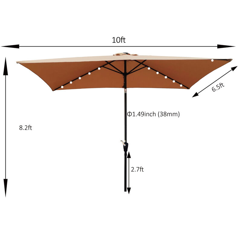 10 X 6.5FT Rectangular Patio Solar LED Lighted Outdoor Umbrellas With Crank And Push Button