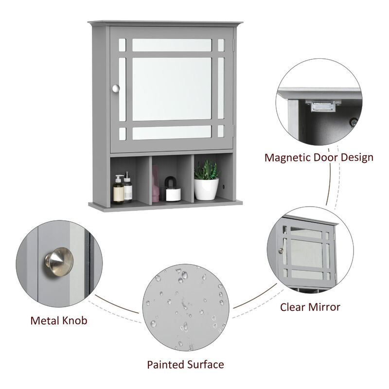 Gray Wall Organizer: Mounted Cabinet with Mirror Door and Shelves