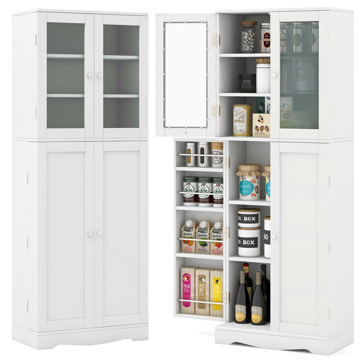 Tall Kitchen Pantry Cabinet with Dual Tempered Glass Doors and Shelves