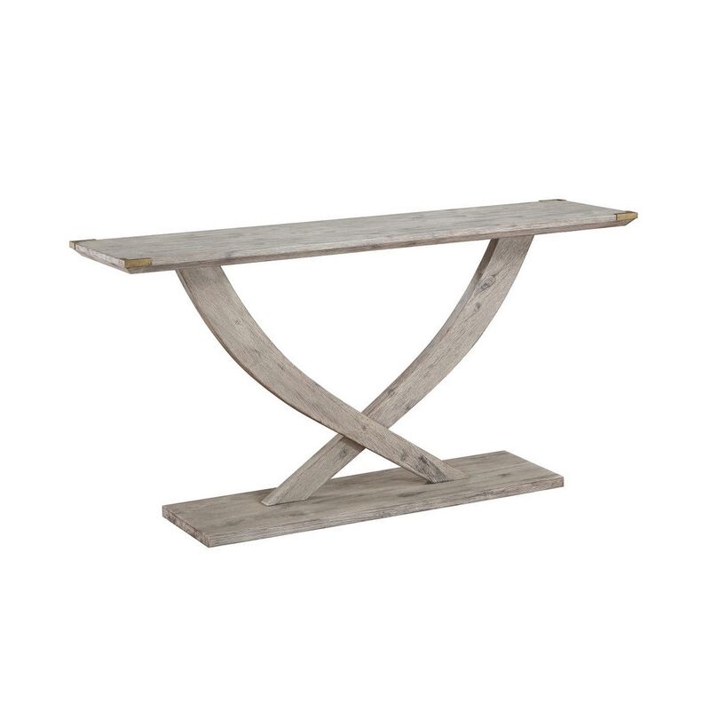 Kit 57 Inch Acacia Wood Console Table, Cross Legs, Gray-Benzara