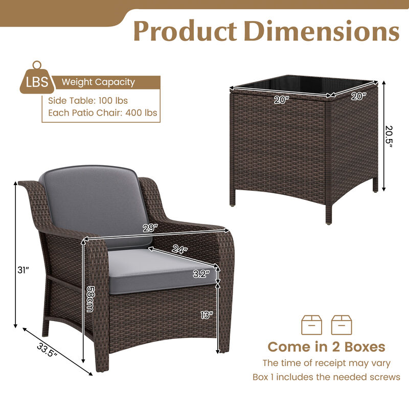3 Pieces Outdoor Rattan Furniture Set with Cushions and Tempered Glass Coffee Table-Grey