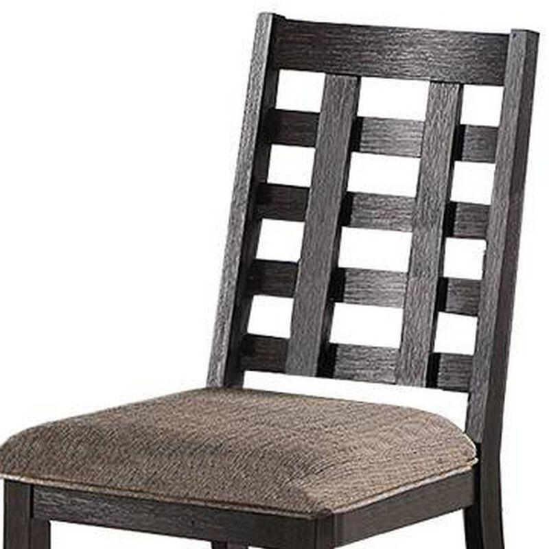 Trixy Dining Chair, Open Square Back, Espresso Wood, Beige Fabric - Benzara