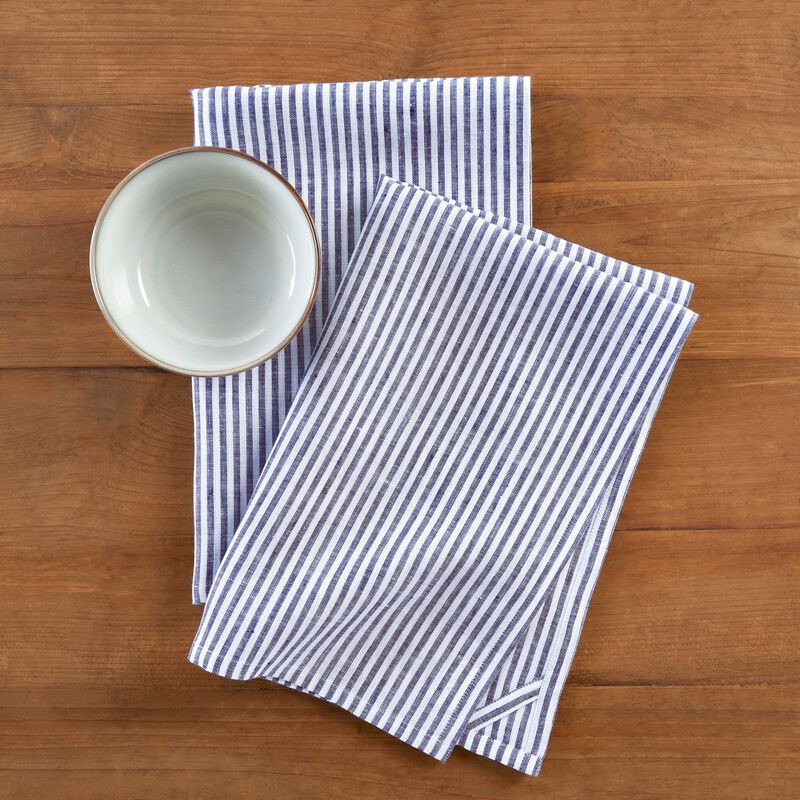 Solino Home 100% Pure Linen Kitchen Towels Set of 2 - 17 x 26 Inch | Narrow Stripe