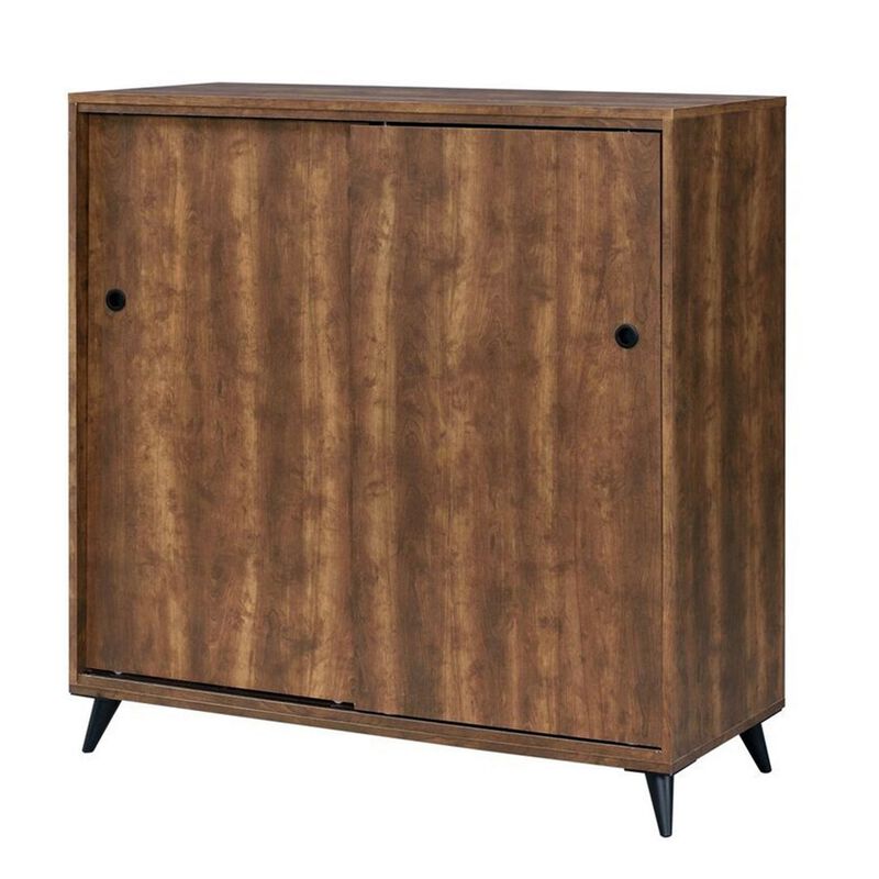 Wooden Shoe Cabinet with 2 Sliding Doors and Splayed Legs, Oak Brown-Benzara