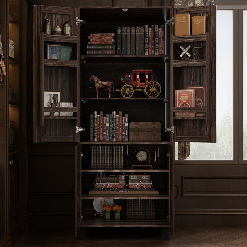 78.7 in. H Brown Wood Grain 4-Door Accent Cabinet Classic Style Kitchen Pantry Storage Cabinet With Adjustable Hinges