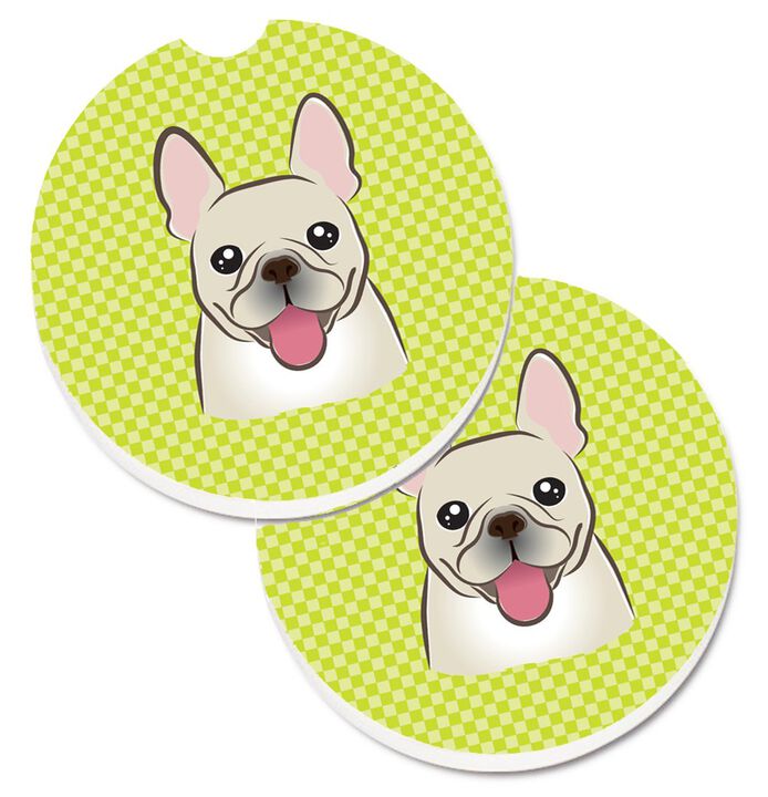 Caroline's Treasures Checkerboard Lime green French Bulldog Set of 2 Cup Holder Car Coasters BB1300CARC, 2.56, Multicolor