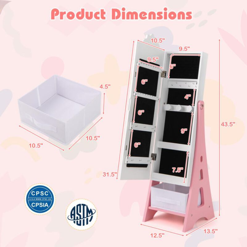 Hivvago Kids Jewelry Cabinet with Full-Length Mirror and Foldable Drawer