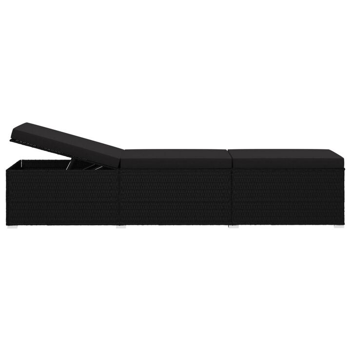 Outdoor Chaise Sun Lounger with Cushion, 77 Inch Black Poly Rattan - Benzara