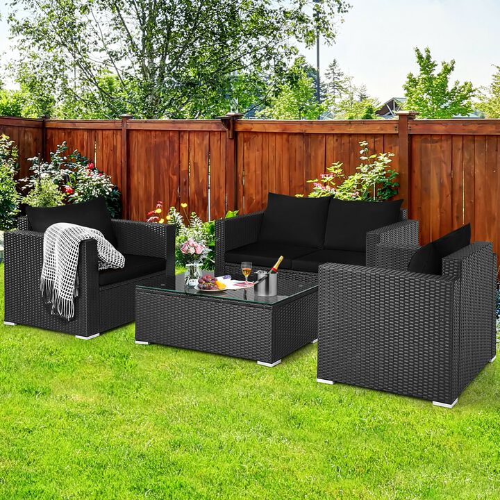 4 Pieces Patio Rattan Conversation Set with Padded Cushion and Tempered Glass Coffee Table