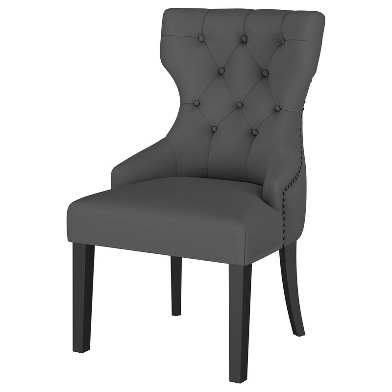 Aney Dining Side Chair, Curved Barrel Design, Gray Fabric, Black Wood - Benzara