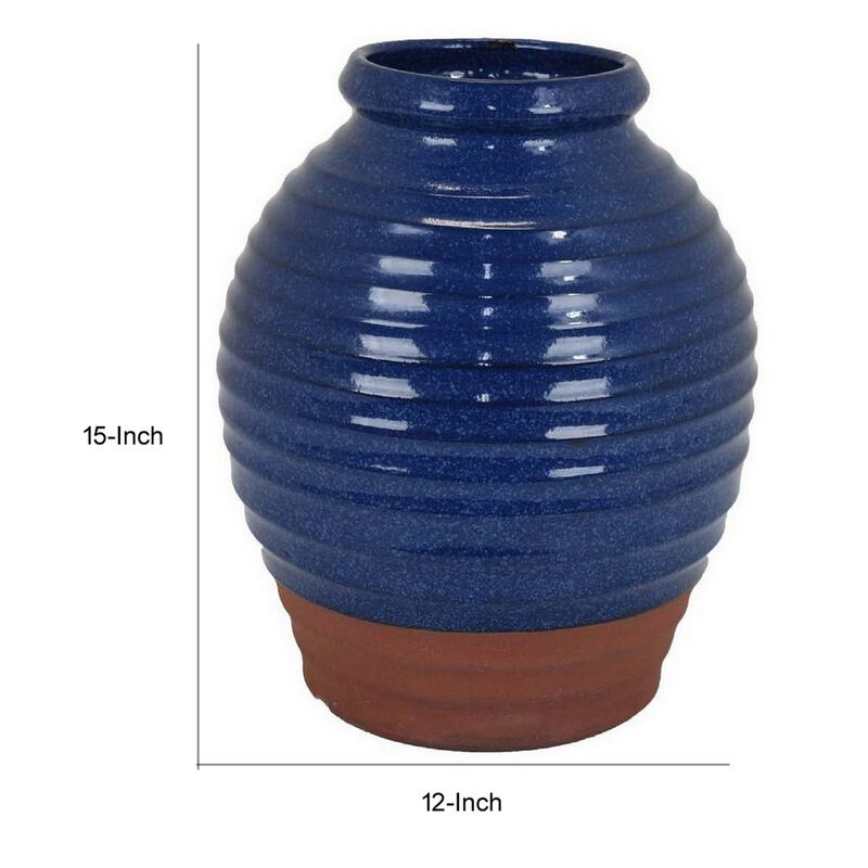 Kohl 15 Inch Decorative Vase, Pot Shape, Ceramic, Blue and Brown Finish - Benzara