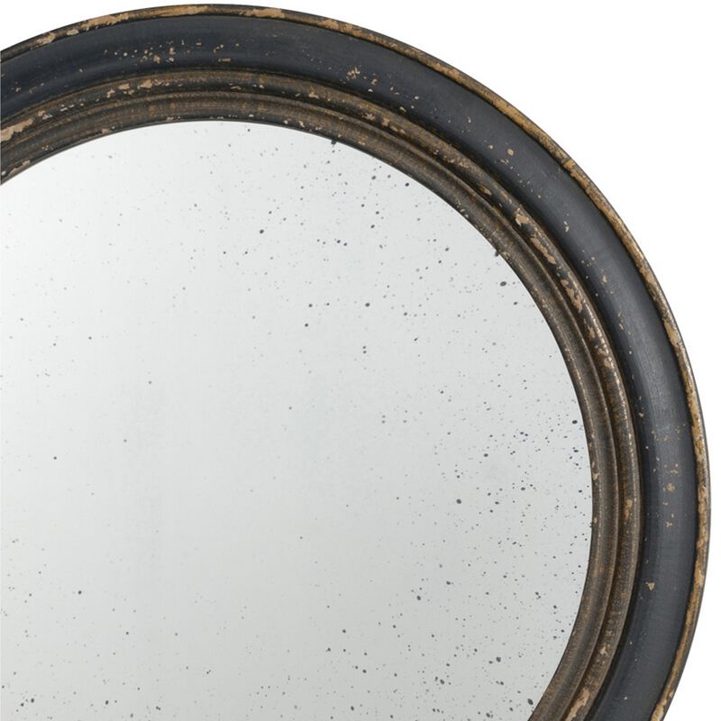 24 Inch Round Wall Mount Mirror, Molded Trim Wood Frame, Distressed Brown-Benzara