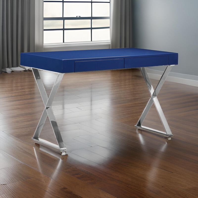 Rix 47 Inch Office Desk, Navy Wood Top, 2 Drawers, X Polished Steel Legs - Benzara