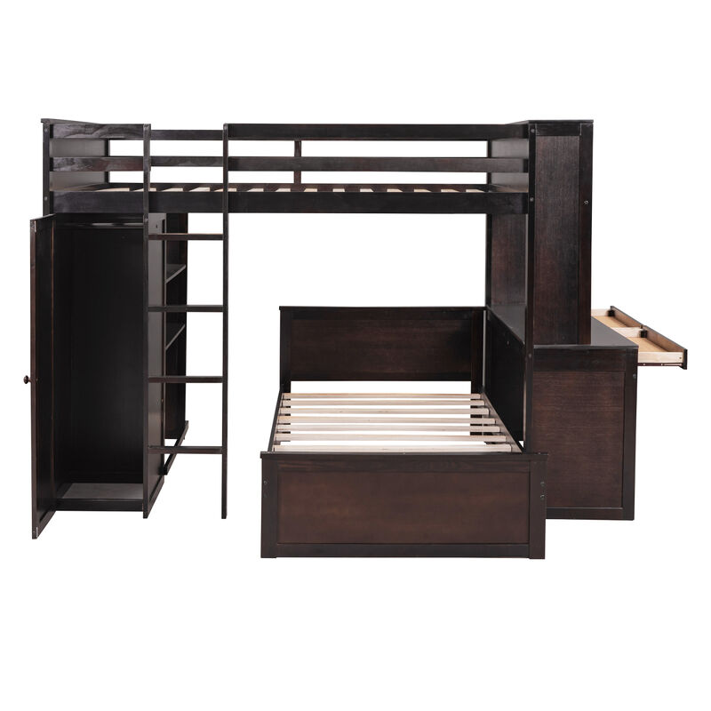 Full Size Loft Bed With A Twin Size Stand-Alone Bed, Shelves, Desk, And Wardrobe