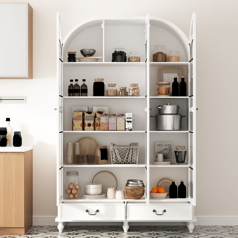 FUFU&GAGA Modern White Cabinet with Glass Doors, 2 Drawers & 8 Shelves, Elegant Storage for Dining Room, Living Room, or Kitchen (77.2"H x 50.4"W x 15.7"D),White