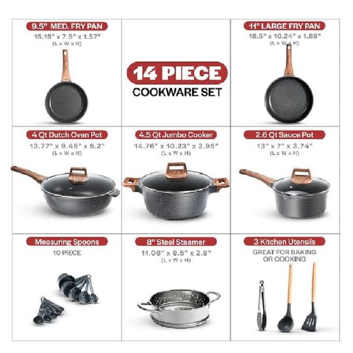 Bakken-Swiss 14-Piece Kitchen Cookware Set – Granite Non-Stick – Eco-Friendly – for All Stoves & Oven-Safe - Marble coatin
