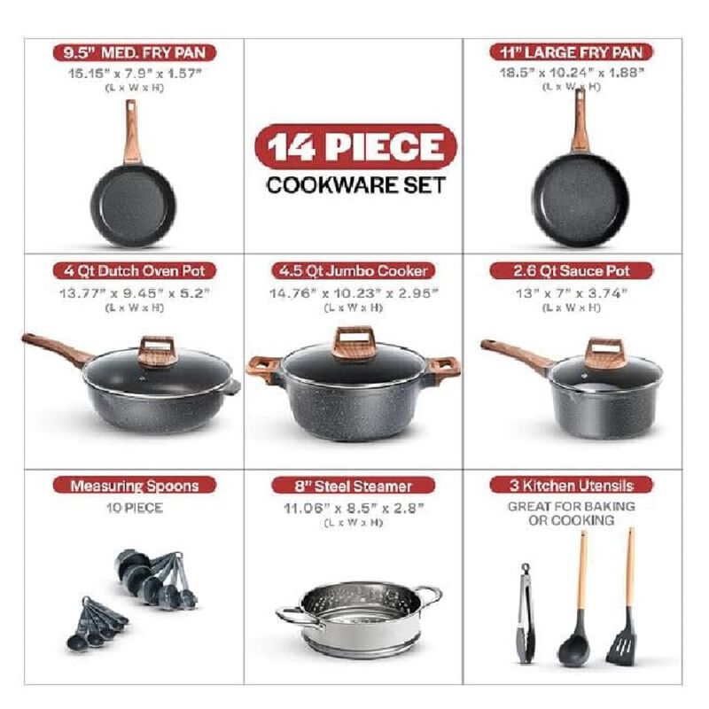 Bakken-Swiss 14-Piece Kitchen Cookware Set – Granite Non-Stick – Eco-Friendly – for All Stoves & Oven-Safe - Marble coatin