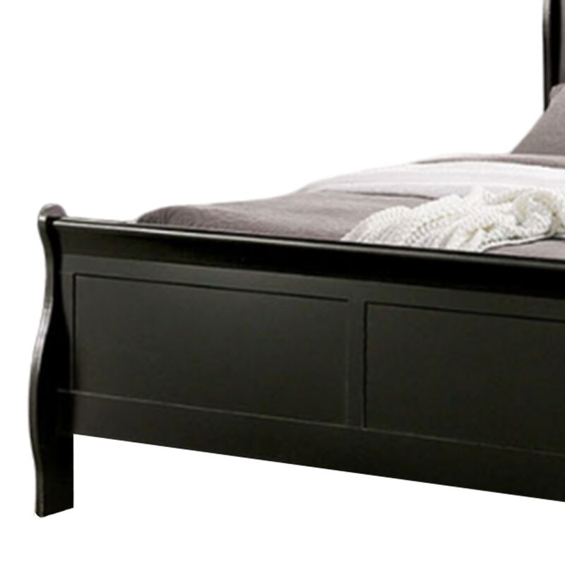 Ryla Queen Size Bed, Classic Sleigh Panel Headboard, Black Solid Wood