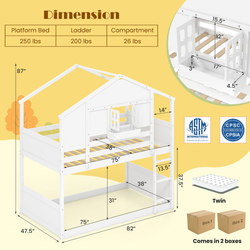 Bunk Bed for Kids with Roof and Lockable Window