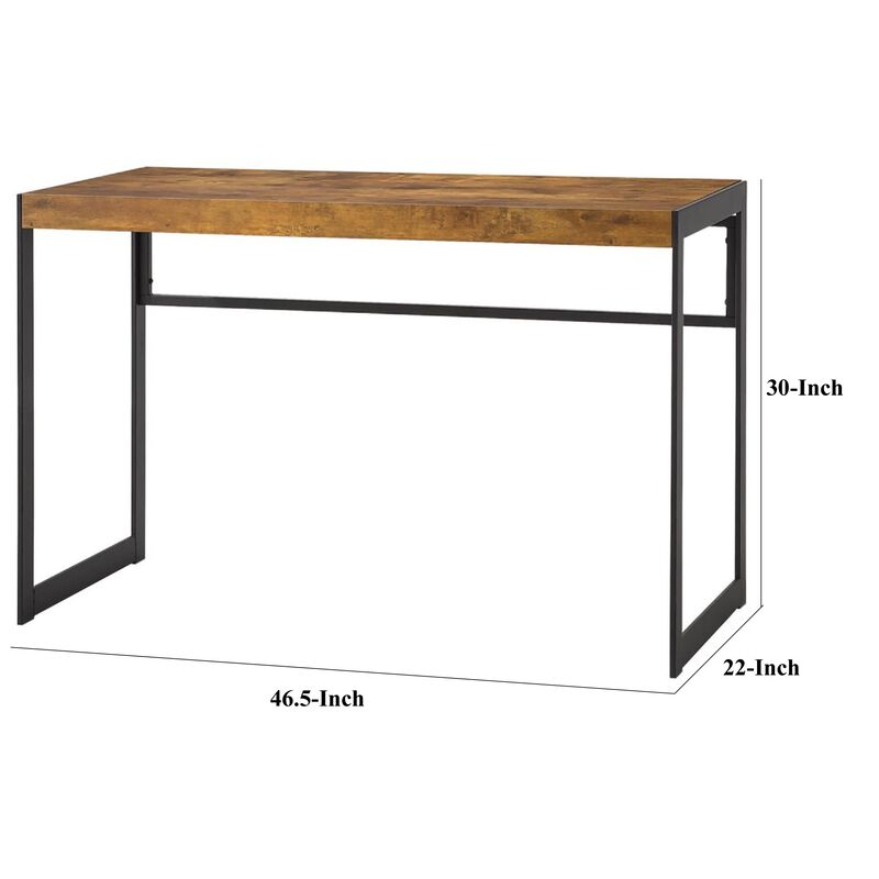 47 Inch Wood Computer Writing Desk, Rustic, Metal Frame, Antique Brown-Benzara