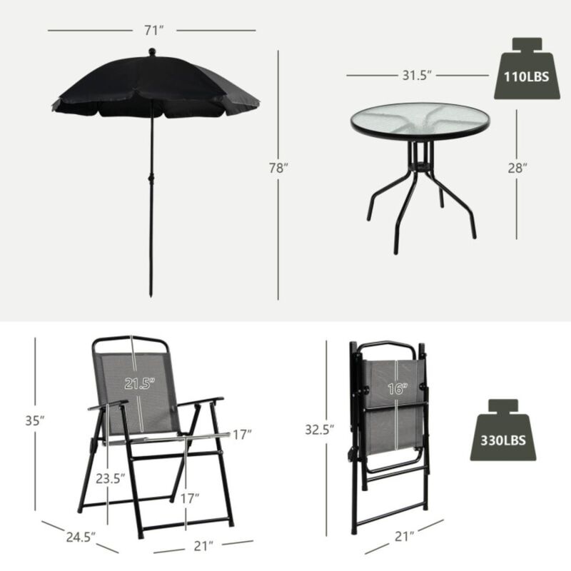 Hivvago 6 Pieces Patio Dining Set Folding Chairs Glass Table Tilt Umbrella for Garden-Gray