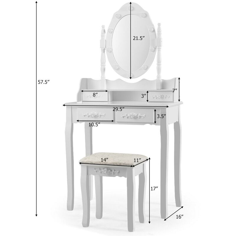 Makeup Vanity Dressing Table Set with Dimmable Bulbs Cushioned Stool