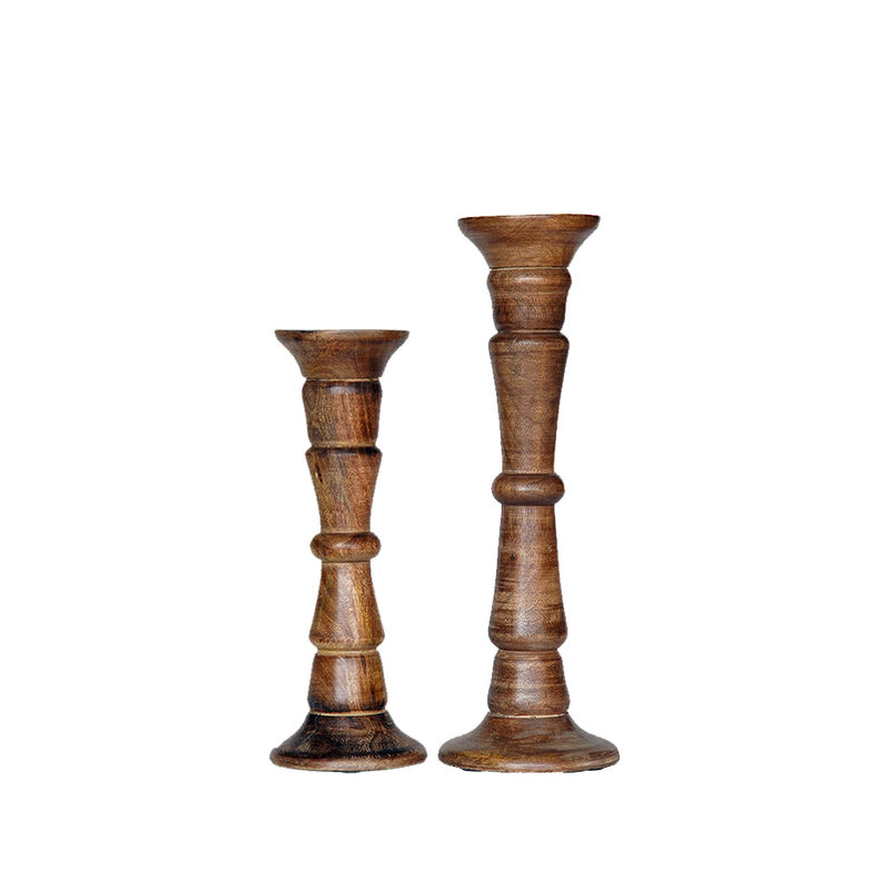 Traditional Medium Burnt Eco-friendly Handmade Mango Wood Set Of Two 12" & 15" Pillar Candle Holder BBH Homes