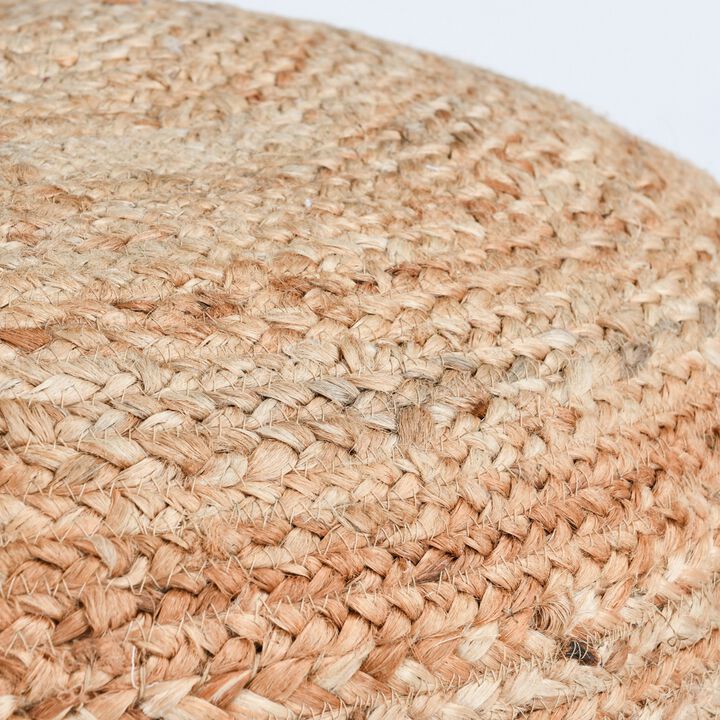 18 Inch Round Accent Pouf, Soft Braided Jute Design, Natural Cream Orange-Benzara