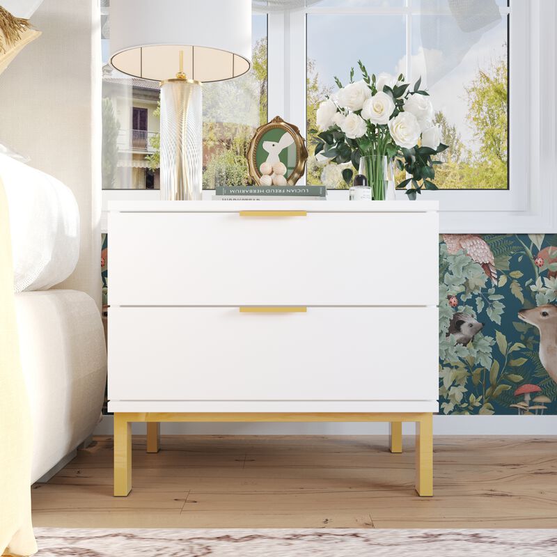 2-Drawer White Wooden Nightstand Bedside Table with 4-Gold Metal Legs 15.7 in. D x 19.7 in. W x 17.9 in. H