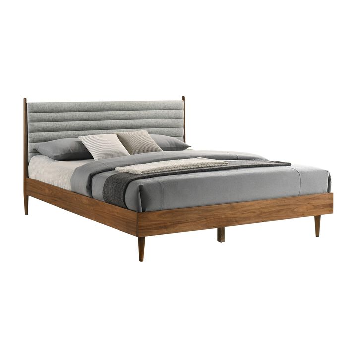 Benjara Mian King Platform Bed Frame, Channel Tufted, Walnut, Upholstery, Brown and Gray Benjara Mian King Platform Bed Frame, Channel Tufted, Walnut, Upholstery, Brown and Gray