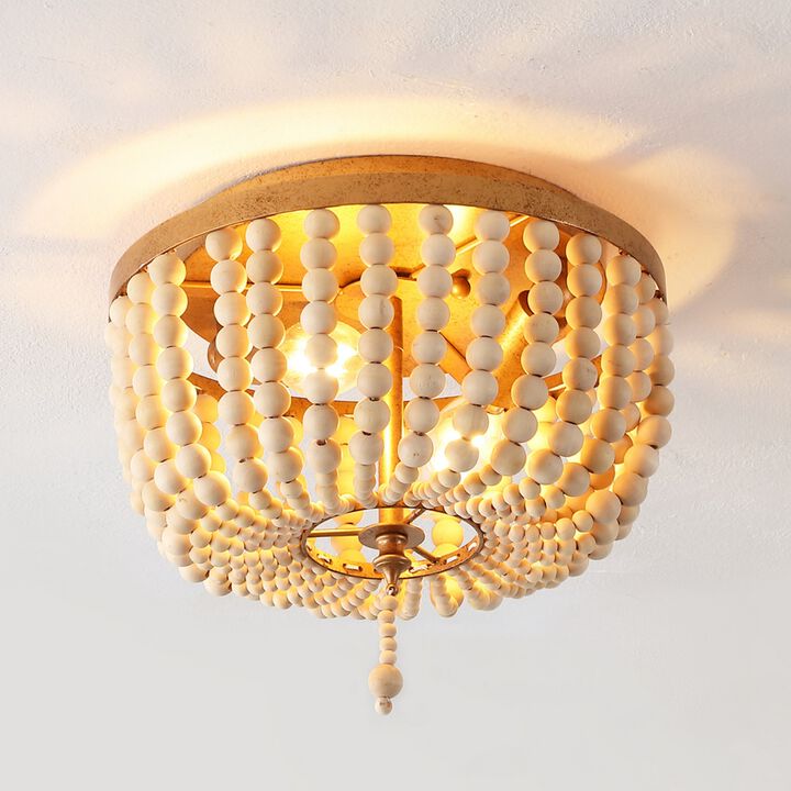 Allison 2-Light Shabby Chic Farmhouse Wood Beaded/Metal LED Flush Mount