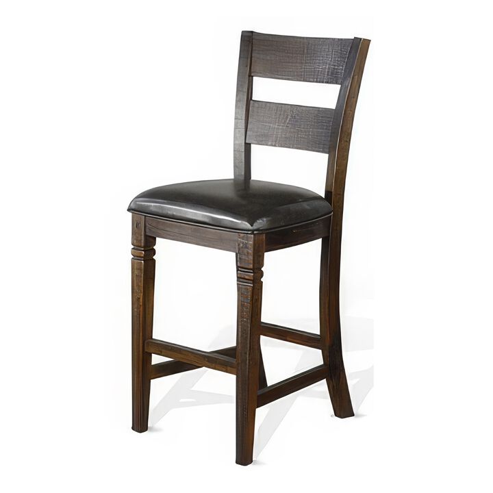 Flint Barstool Chair, Ladderback, Black Vinyl, Dark Brown Mahogany - Benzara