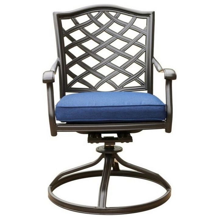 Wynn 25 Inch Modern Patio Dining Swivel Chair with Cushion, Set of 2, Blue-Benzara
