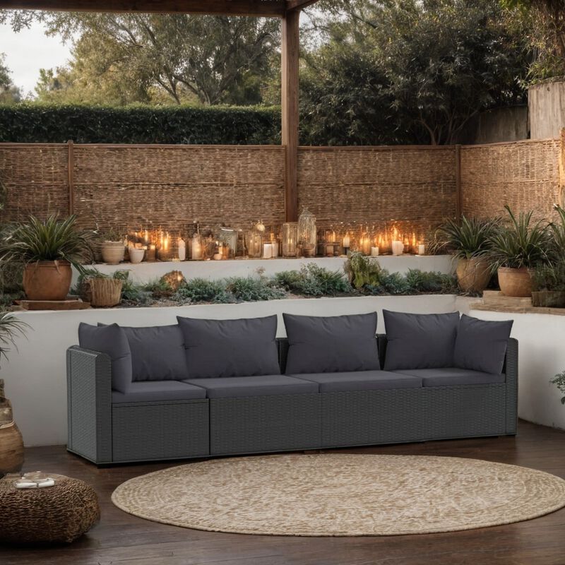 4pc Outdoor Modular Sofa Set, Black Woven Poly Rattan and Cushions - Benzara