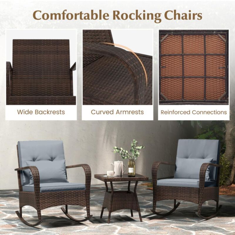 Hivvago 3 Pieces Outdoor Rocking Set with Tempered Glass Coffee Table for Backyard Poolside