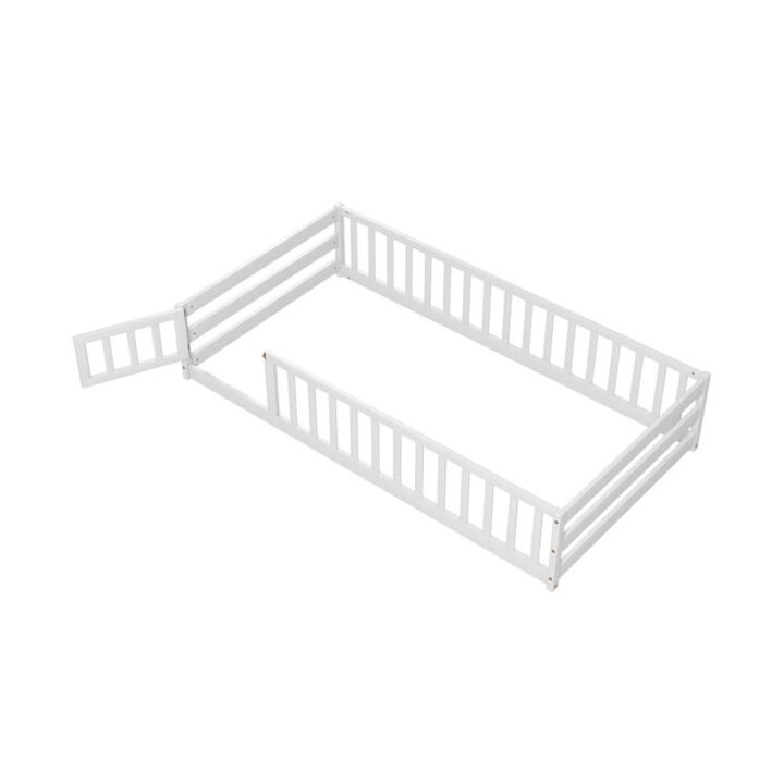 Hivvago Twin Size Kids Wood Montessori Floor Bed with Door and Fence
