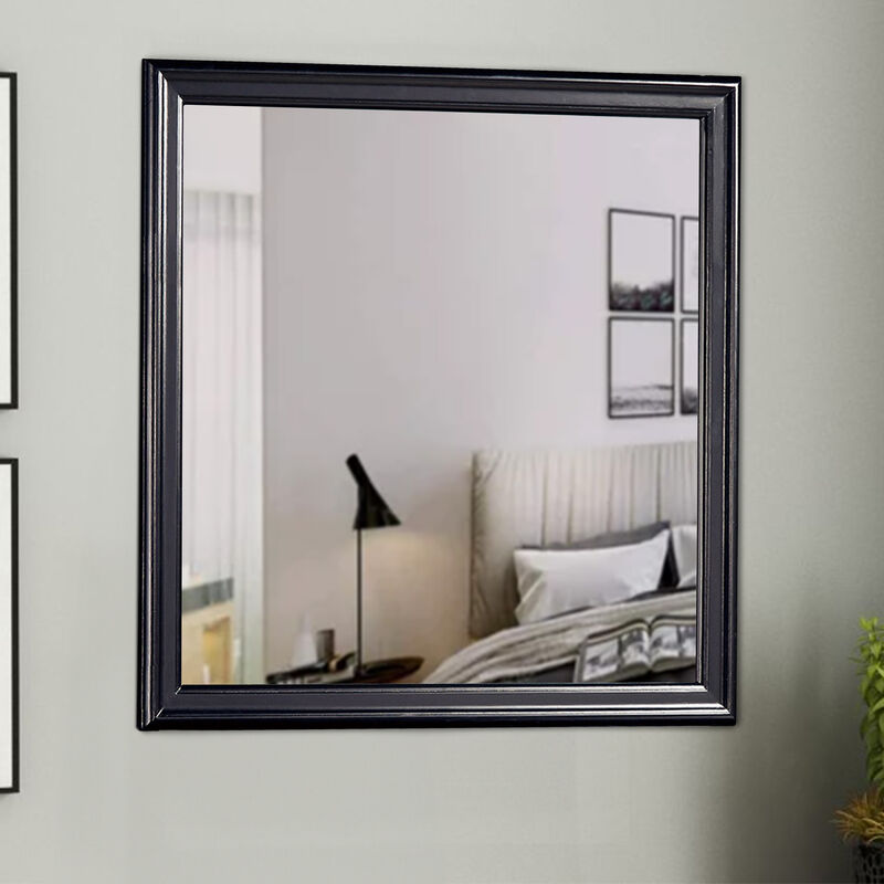 Wooden Frame Mirror with Mounting Hardware, Black and Silver-Benzara