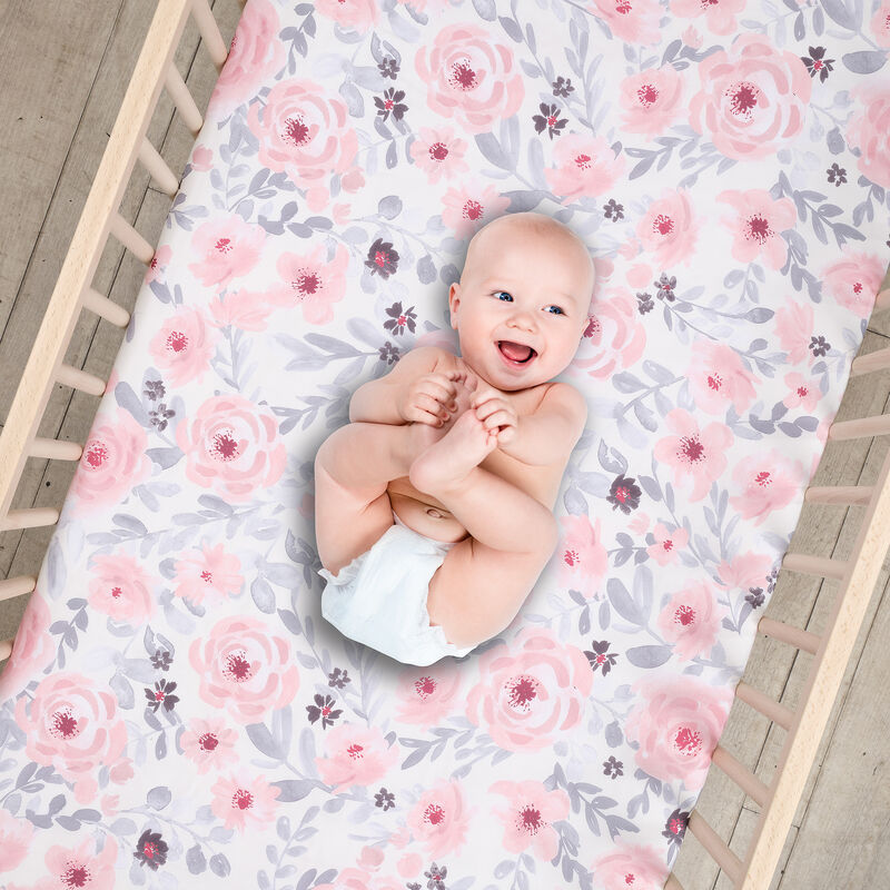 Bedtime Originals Floral Pink/Gray 2-Pack Fitted Crib/Toddler Sheet Set- Flower