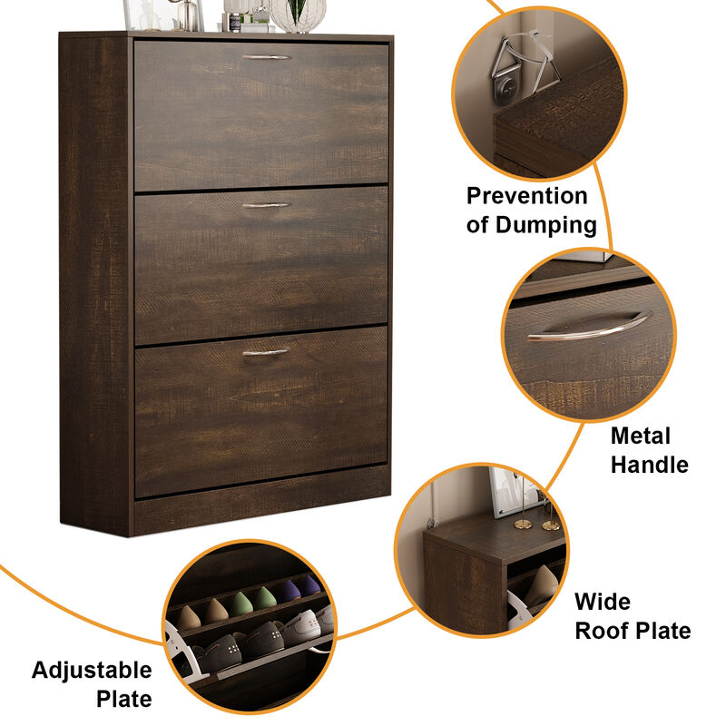 FUFU&GAGA 47.2-in H 3 Tier 12 Pair Composite Shoe Cabinet,(31.6" W x 9.3" D x 47.2" H), Brown