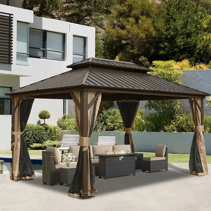 MONDAWE 10 x 12ft Patio Aluminum Frame Hardtop Gazebo Galvanized Steel Double Roof Curtain and Netting